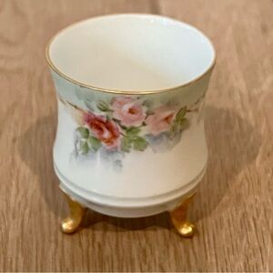 Antique Austria Porcelain Footed Toothpick Holder Cup Hand Painted‎ Pink Flower